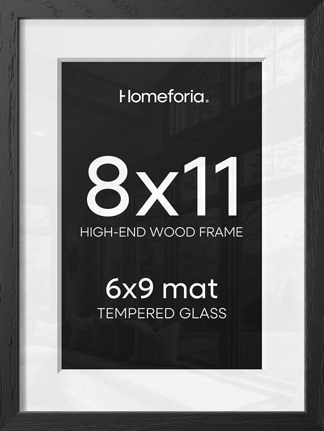 Homeforia 8x11 Black Oak Picture Frame, High-End Wood, 6x9 Mat, Glass