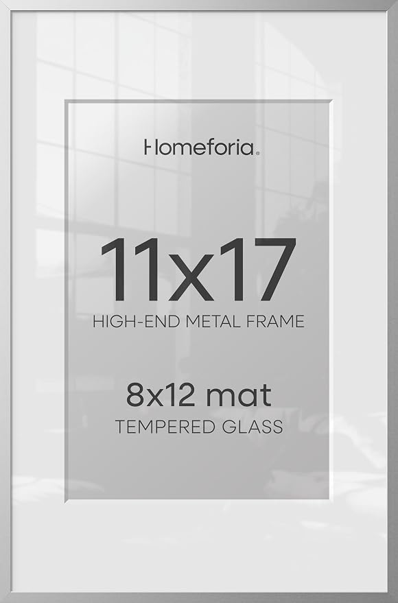 Homeforia 11x17 Silver Picture Frame, High-End Metal, 8x12 Mat, Glass
