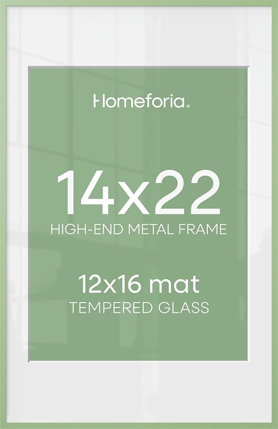 Homeforia 14x22 Green Picture Frame, High-End Metal, 12x16 Mat, Glass