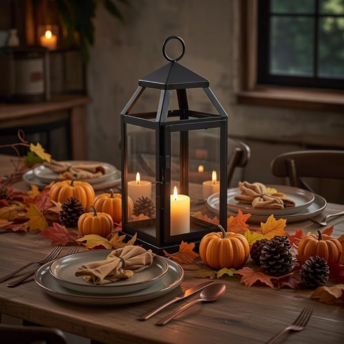 Hosley 14 Inch High Large Clear Glass Iron Classic Style Lantern Elegant Candle Holder for Home Decor Vintage-Inspired Centerpiece with Stylish Iron Frame Indoor/Outdoor Lighting Accent Timeless