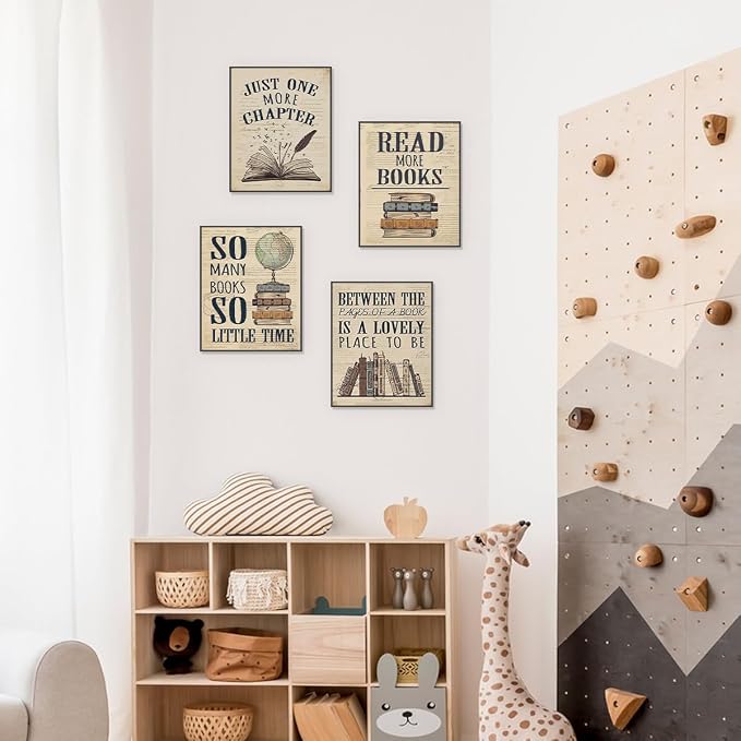 PLKMN Vintage Reading Posters for Library,Bookish Gifts | Book Club Decorations,Vintage Book Wall Art 8x10,Wall Decor for Reading Nook High School Classroom,Set of 4 Unframed