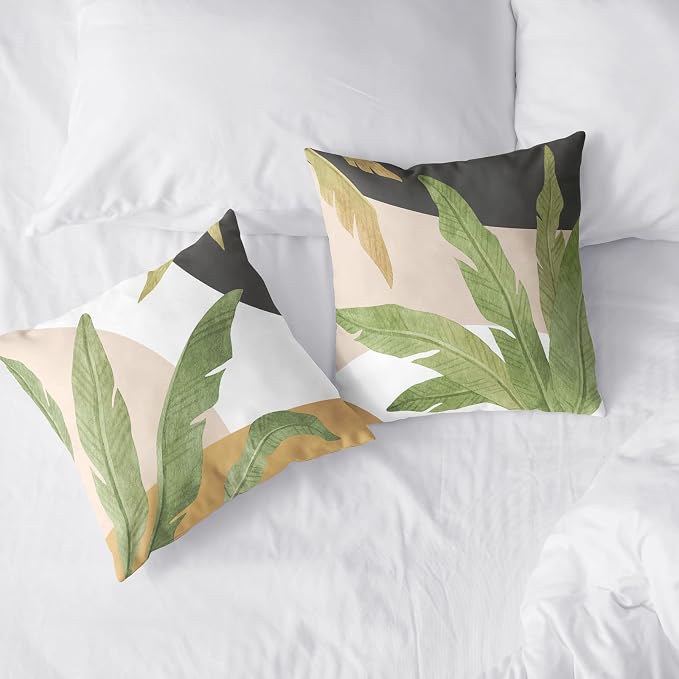 Green Leaves Spring Summer Throw Pillow Covers Geometric Palm Tree Pillow Covers 18x18 Set of 2 Modern Home Decor Room Tropical Outdoor Decorative Pillowcase for Sofa Bed Couch