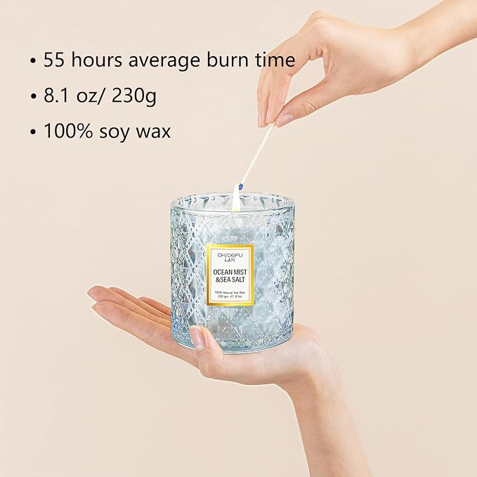 Chloefu LAN Summer California Mist Ocean & Sea Salt Candle, 8.1 oz | Luxury Air Freshening Blue Jar Candles 55 Hour Burning, Home Decor, Natural Soy Wax, Beach Candle