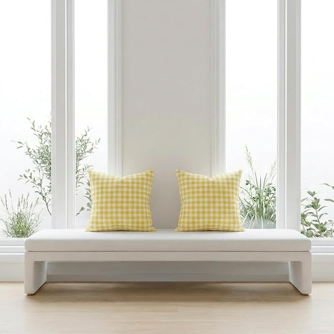 CARRIE HOME Yellow Gingham Checkered Throw Pillow Covers 18x18 Set of 2, Neutral Modern Farmhouse Yellow Outdoor Pillows 18 x 18 for Porch Patio Furniture (No Pillow Inserts)