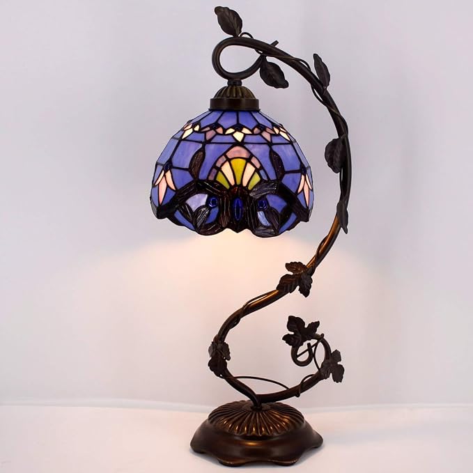 WERFACTORY Tiffany Table Lamp Blue Purple Stained Glass Baroque Style Reading Desk Light, Metal Leaf Base 8X10X21 Inches Decor Small Space Bedside Bedroom Home Office S003C Series
