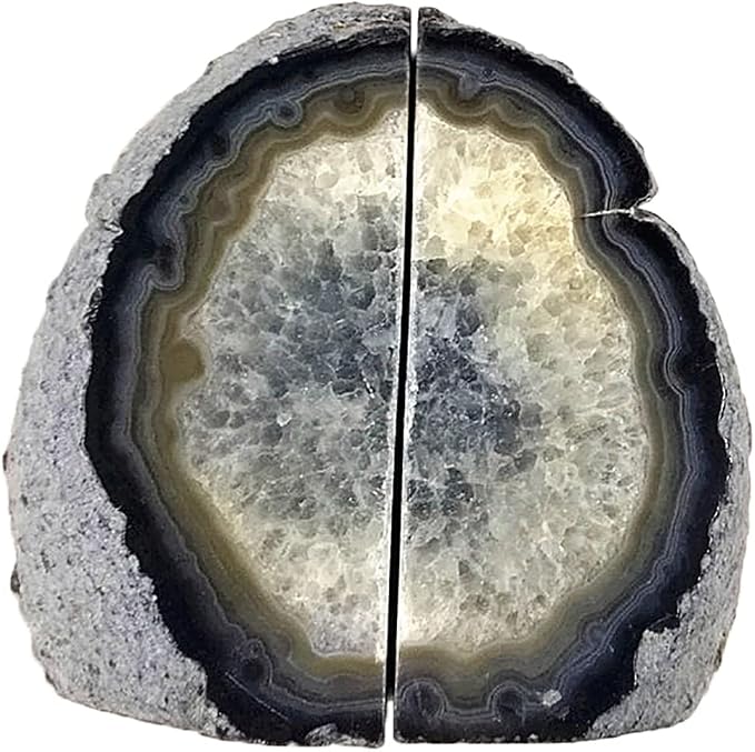 Agate Rock Bookend Heavy Duty Healing Crystal Stone Book Holders Decorative | Large Polished Stone Book Stoppers Supports Home Office Decor with Rubber Bumpers Natural Black 1 Pair, 4-6 LBS