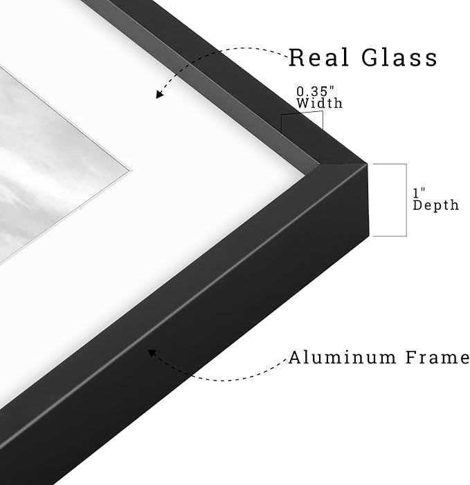 Frametory 11x14 Black Aluminum Metal Picture Frame Mat for 8x10 Glass