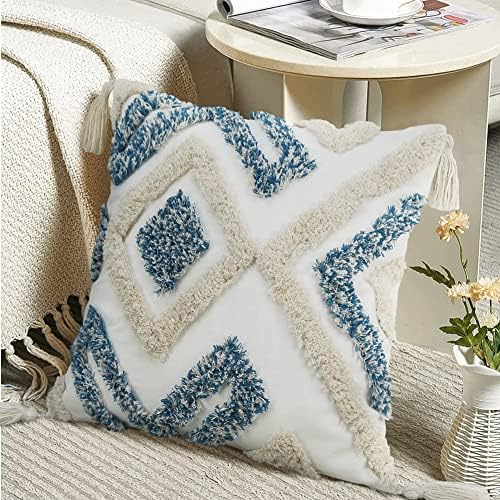 Merrycolor Boho Throw Pillow Covers 20x20 Blue and White Decorative Pillow Covers with Tassels Soft Woven Tufted Pillow Case Neutral Accent Cushion Cover for Couch Sofa Bedroom,1PC