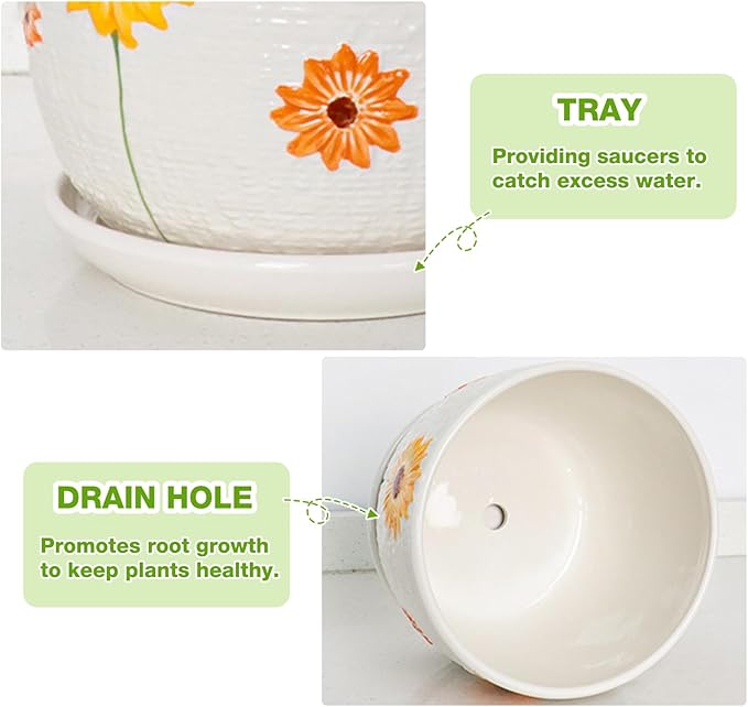 Hlukana Ceramic Plant Pots Set of 3, 6.75/5.6/4.2 inch Planters with Drainage Holes and Saucer, Flower Pots Outdoor Indoor, Modern Decorative Planters for House Plants Garden Planters Succulent Pots