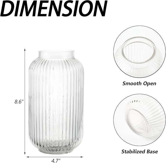 Ribbed Glass Vase, Clear Flower Vase for Bouquet, Glass Vases for Flowers, Modern Vases for Living Room, Bedroom, Kitchen, Dining Table, Office, Wedding, 8.6 Inches