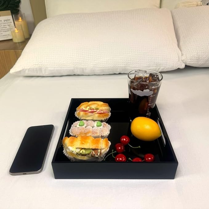 KEVLANG Glossy Black Sturdy Acrylic Serving Tray with Handles-10x10Inch-Serving Coffee,Food,Breakfast,Butler-Kitchen Countertop Tray-Makeup Drawer Organizer-Vanity Table,Ottoman Tray-Decorative Tray