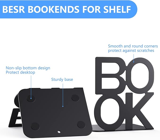 Book Ends Black Metal BookEnds for Bookrack Desk,Books