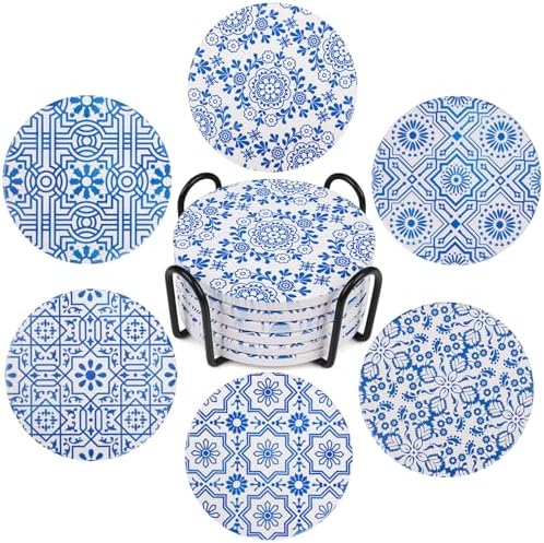 Coasters with Holder,Blue and White Style Ceramic Drink Coaster, Absorbent Coaster Sets of 6 for Tabletop Protection,Suitable for Kinds of Cups,Cool Home Decor, Wooden Table, 4.1 Inches