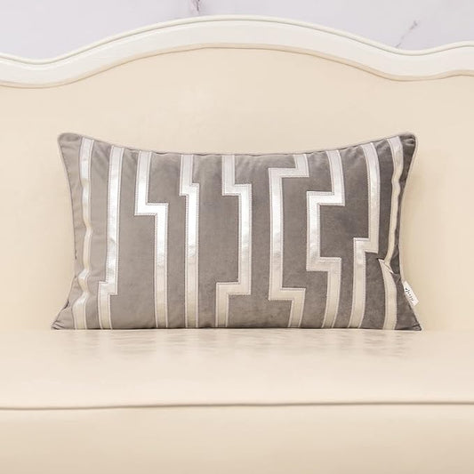 Alerfa Geometric Gold Leather Striped Throw Pillow Cover 12x20 Inch, Luxury Velvet Embroidered Decorative Lumbar Pillow Cover for Couch Living Room Bedroom, Gray