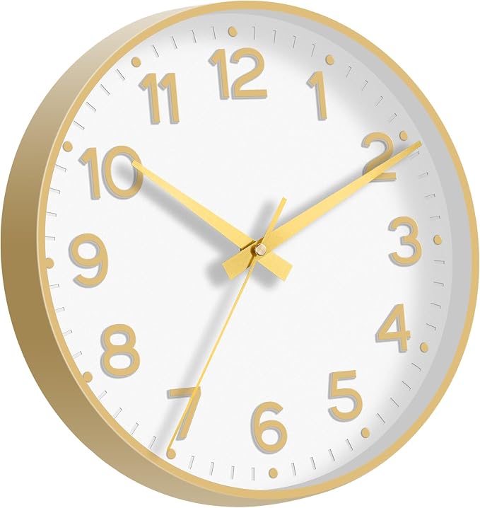 Roymnie 8 Inch Wall Clock, Battery Operated Silent Non Ticking Analog | White Gold modern analog; large 3D easy-read dial for kitchen, office, bathroom & bedroom; 1 AA battery (not included)