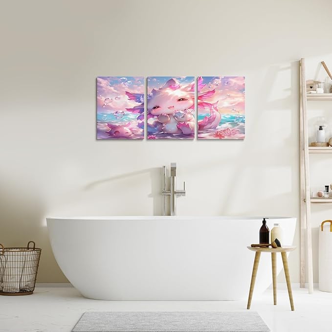 Feelyou Kids Cute Axolotl Canvas Wall Art for Living Room Bedroom Ocean Sealife Wall Painting Posters Boys Girls Kawaii Cartoon Animal Picture Wall Decor Beach Bathroom Wall Art 12"x16"x 3Pcs