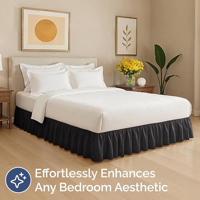 Bedskirt Queen Size Ruffle - Ruffled Bed Skirt - 12 Inch Drop - Black | Bedskirt with Platform, Ultra-Soft Premium Hotel Quality, Wrinkle Free, Fade & Shrink Resistant, for Women, Men, Kids & Teens