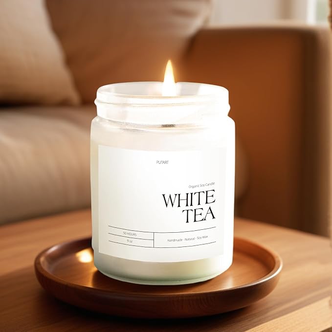 White Tea Candles for Home Scented, 9oz Natural Soy Wax Candles | Aromatherapy Non Toxic Scented Candle, Handmade Highly Scented & Long Lasting Jar Candle for Stress Relief, Holiday Gifts