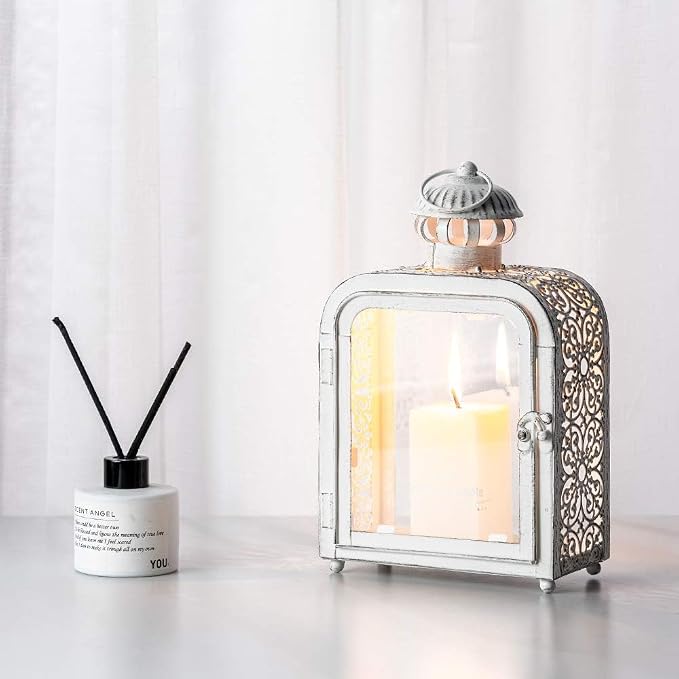 Candle Lantern Decorative Indoor & Outdoor, Vintage Metal Lanterns with Clear Glass, Tabletop&Hanging Candle Holders for Patio Front Porch Home Decor, Halloween Christmas Decorations (White)