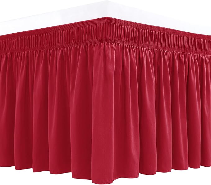 Wrap Around Queen Size Bed Skirt 12 Inch Drop-Elastic Dust Ruffle Red | Adjustable Pleated Bedskirt-Easy Fit Wrinkle Resistant Washable Hotel Quality Fabric Bed Skirting-Master Guest Bedroom Rental