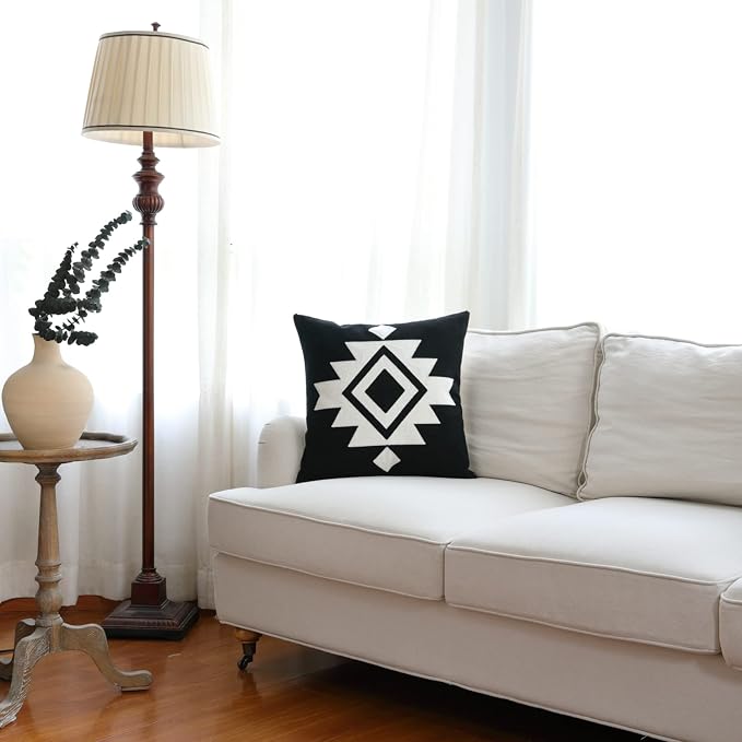 IKATYARN Black White Aztec Southwestern Throw Pillow Cover, Boho Tribal Geometric Pillowcase, Modern Farmhouse Cushion Case for Couch Sofa Bed, 16"x16"
