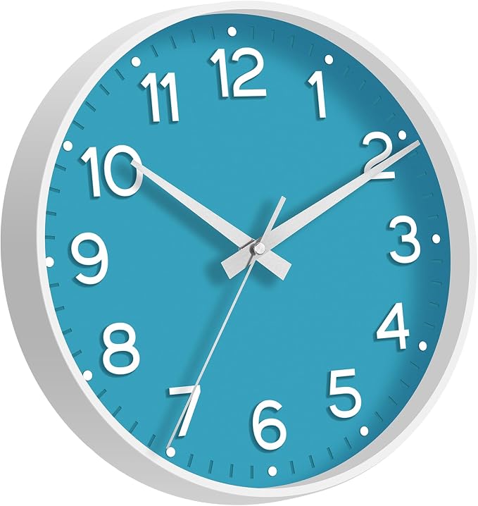 Roymnie 8 Inch Wall Clock, Battery Operated Silent Non Ticking Analog | Blue modern analog; large 3D easy-read dial for kitchen, office, bathroom & bedroom; 1 AA battery (not included)