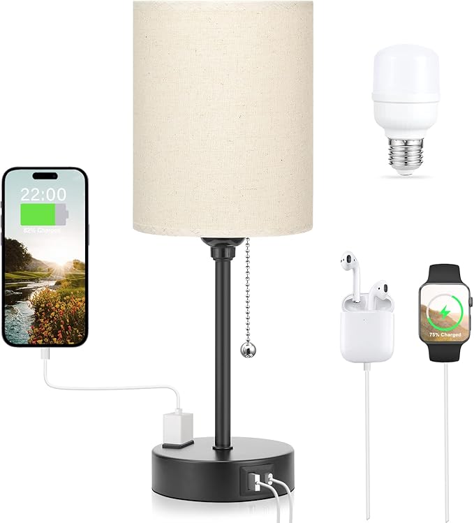 Small Bedside Table Lamp for Bedroom - Desk Lamp with USB Ports for Dorm