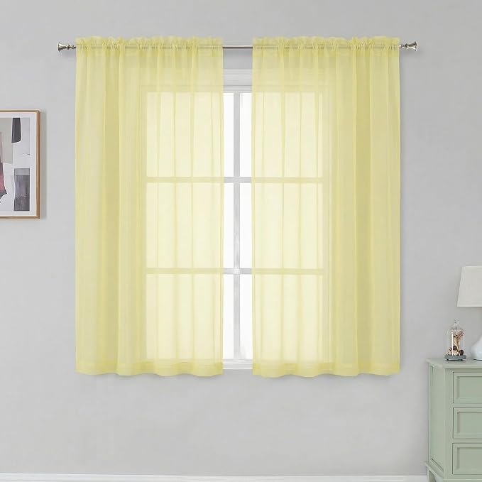 Simplebrand Light Yellow Rod Pocket Top Solid Voile Sheer Curtains for Bedroom, 54 Inch Length Drapes Set of 2, Lightweight and Light Filtering Elegant Curtains Panels Window Treatment, 42W×54L