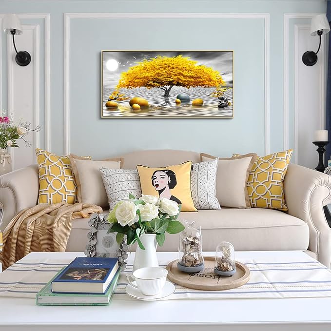Framed Canvas Wall Art For Living Room Large size Boho Wall Decor For Bedroom Black And White Wall Pictures Yellow Tree wall Painting Office Wall Decor Home Decoration Natural Wood Framed 20" X 40"