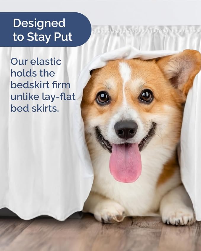 Wrap Around Dust Ruffle Bed Skirt, Full Size Beds - 12 Inch Drop, White | Easy Fit Elastic Strap, Adjustable Pleated Bedskirt w/Brushed Fabric, Wrinkle & Fade Free, for Women, Men, Kids & Teens