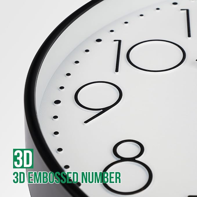 Wall Clock 10 Inch Non-Ticking Silent Modern Simple Style Round Decor Clock Black Stereoscopic Dial Quartz Wall Clocks for Home/Office/School/Living Room/Bedroom/Kitchen