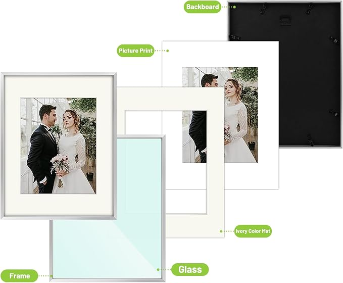 Golden State Art 7 Pack Aluminum Frames, Includes 5x7 8x10 11x13, Silver | Shatter-resistant Glass, Assorted Sizes: One 11x14, Two 8x10, Four 5x7, Horizontal/Vertical Wall Mount & Tabletop Display