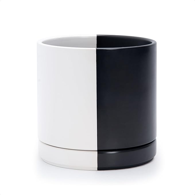 D'vine Dev 8.2 Inch Ceramic Planter Pot, Black White Split, 94-O-D-0 | Modern Cylinder Design, Drainage Hole & Saucer Included, Stable Structure, Elegant Home Accent