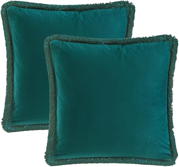 JUSPURBET Peacock Blue Velvet Throw Pillow Covers 16x16 Inch Set of 2 with Soft Tassel Fringe Luxury Boho Pillowcase for Sofa Couch Bed Home Decor Machine Washable