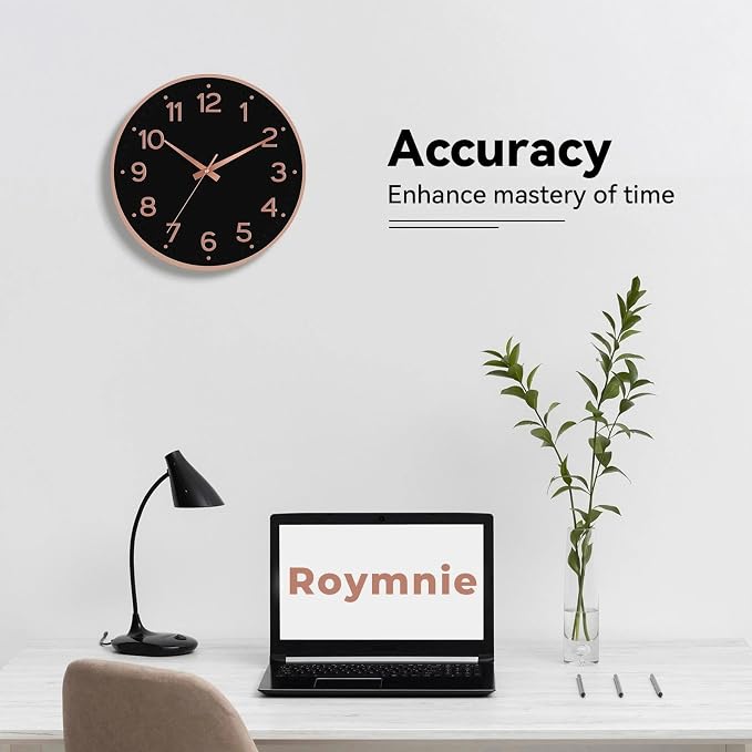Roymnie 12 Inch Wall Clock Battery Operated Silent Non Ticking Analog | Black Rose Gold modern analog; large 3D easy-read dial for kitchen, office, bathroom & bedroom; 1 AA battery (not included)