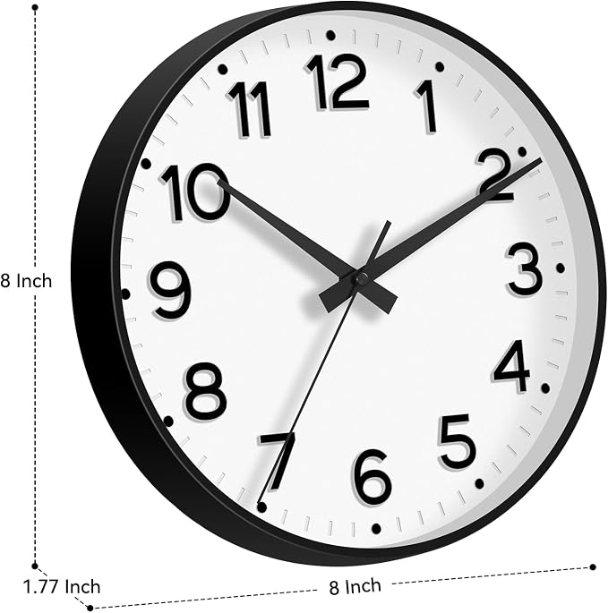 Roymnie 8 Inch Wall Clock, Battery Operated Silent Non Ticking Analog | Black modern analog; large 3D easy-read dial for kitchen, office, bathroom & bedroom; 1 AA battery (not included)