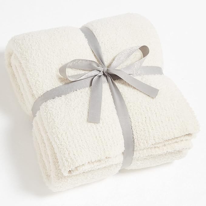 CYMULA Knit Throw Blanket for Couch Cream White - Super Soft Lightweight Plush Fuzzy Fluffy Cozy Blankets and Throws for Sofa Bed, 50 x 60 inches