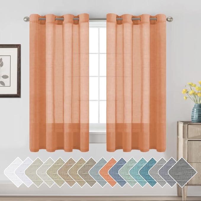H.VERSAILTEX Linen Curtains Natural Linen Blended Curtain Panels for Living Room/Light Reducing Linen Semi Sheer Curtains 2 Panels Set Nickel Grommet Window Panels (52x63 Inch, Orange)