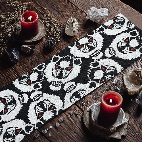 COTTON CRAFT Halloween Beaded Table Runner - Black White Werewolves