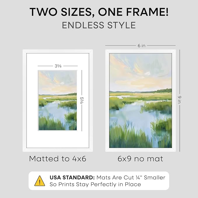 Homeforia 6x9 White Picture Frame, High-End Metal, 4x6 Mat, Glass