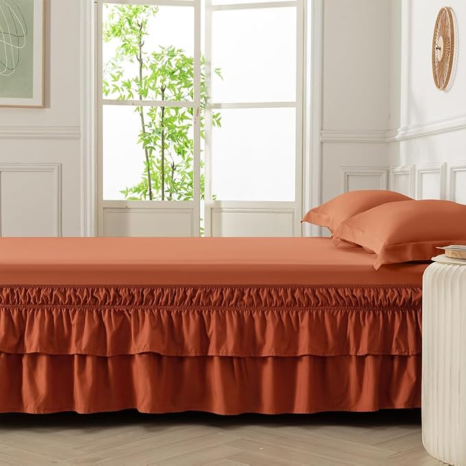 Double-Layered Ruffled Bed Skirt,Orange Red,Twin/Twin XL, 14" Drop | Wrap Around, Adjustable Elastic, 2 Layer, Machine Washable Soft Fabric, Multi Ruffle Bedskirt