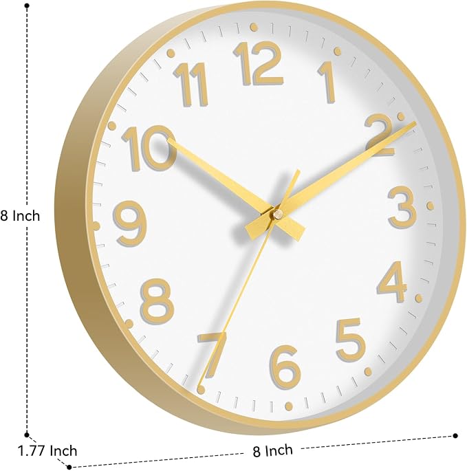 Roymnie 8 Inch Wall Clock, Battery Operated Silent Non Ticking Analog | White Gold modern analog; large 3D easy-read dial for kitchen, office, bathroom & bedroom; 1 AA battery (not included)