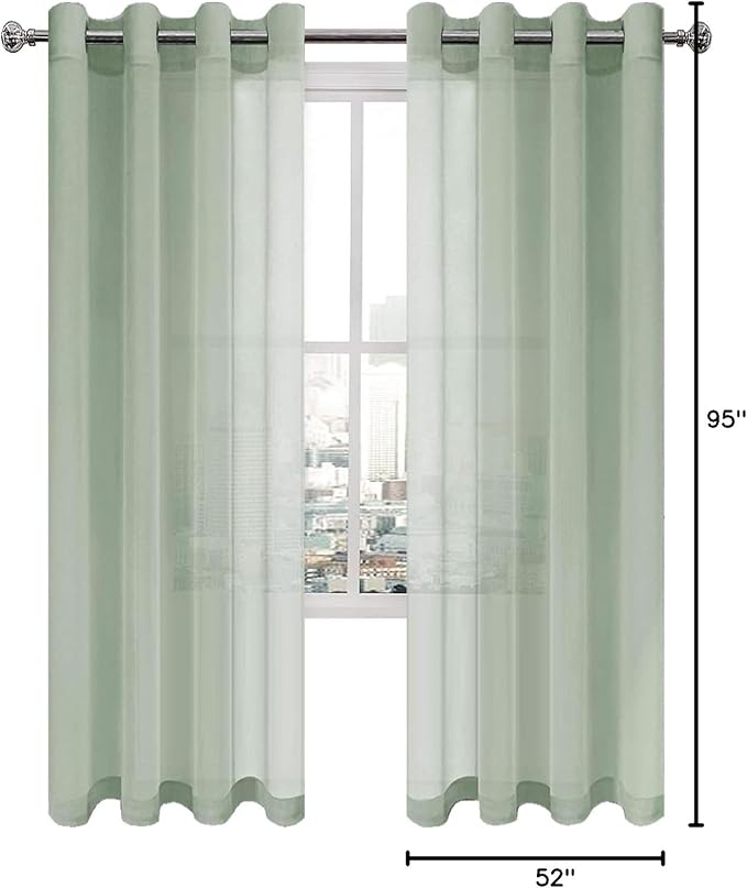 DWCN Sheer Curtains for Living Room Bedroom - Faux Linen Look Voile Drapes Grommet Top Window Curtain Panel 52 x 95 Inches Long, Bean Green, Set of 2 Panels