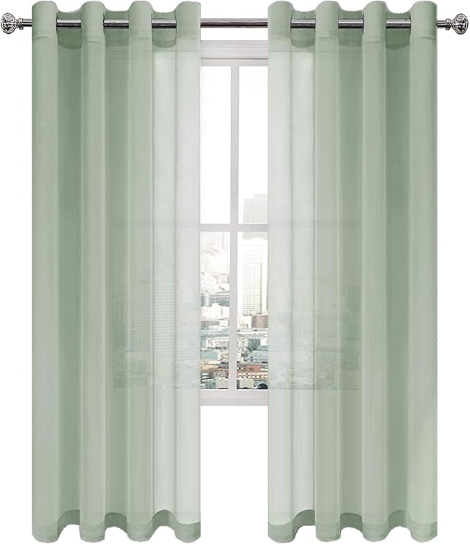 DWCN Sheer Curtains for Living Room Bedroom - Faux Linen Look Voile Drapes Grommet Top Window Curtain Panel 52 x 84 Inches Long, Bean Green, Set of 2 Panels