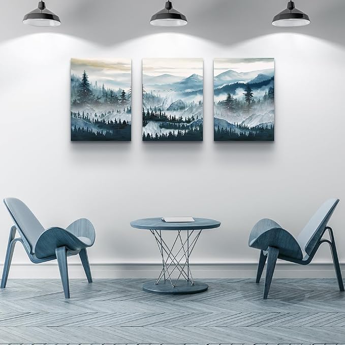 MHARTK66 Wall Art for Living Room,Mountain Landscape Wall Decor,Large Foggy Forest Artwork for Walls, 3 Piece Nature Paintings Prints for Bedroom Hallway Office Kitchen Home Decorations, 20x28 Inch