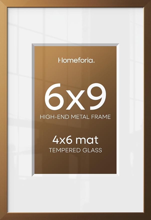 Homeforia 6x9 Bronze Picture Frame, High-End Metal, 4x6 Mat, Glass