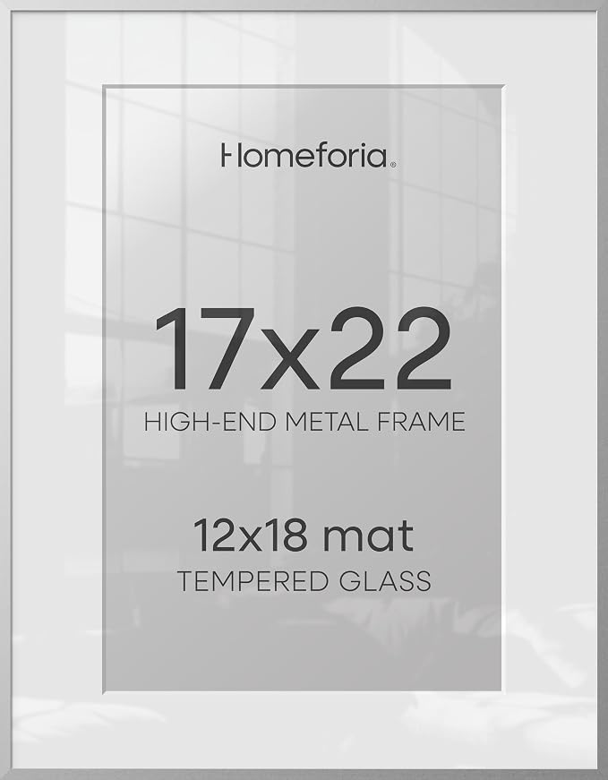 Homeforia 17x22 Silver Picture Frame, High-End Metal, 12x18 Mat, Glass