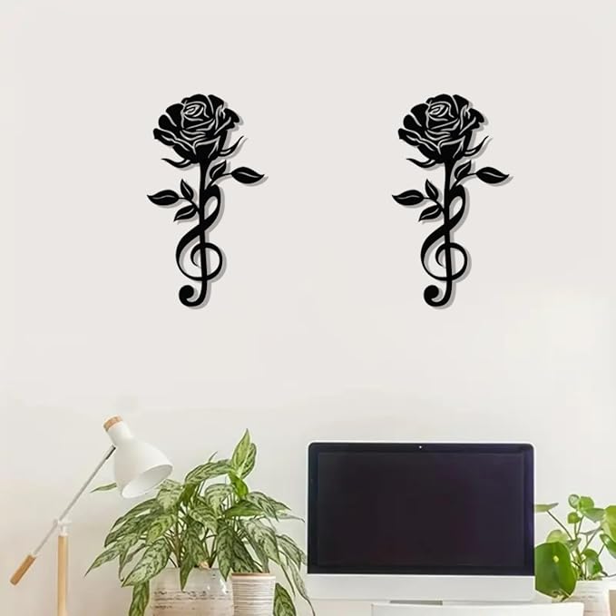 DUOOLN Metal Music Notes Wall Decor Art, Rose Flowers Hanging Painting Sign | Musical-Themed Sculpture|Gift for Music Lovers|Rustic Home Living Room Teacher'S Office Indoor Outdoor |Black 11.8x6.69in