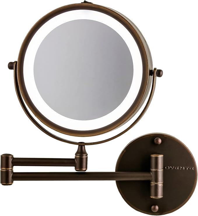 OVENTE 7" Wall Mounted Lighted Makeup Mirror, Antique Bronze MFW70ABZ1X7X | Cordless Double Sided 1X/7X Magnifying Mirror for Bathroom with LED Lights, 360° Rotation, Extendable Arm, Battery Operated