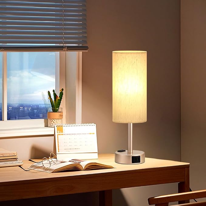 Antique White Bedside Table Lamp, Dimmable Touch Lamp, USB A+C, AC Outlet